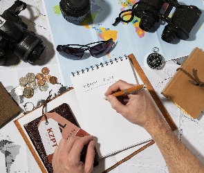 Ręce, Długopis, Wakacje, Pieniądze, Kompas, Kompozycja, Aparat fotograficzny, Okulary, Notatnik, Mapa, Lornetka
