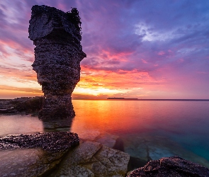 Wybrzeże, Zachód słońca, Kamienie, Skały, Morze