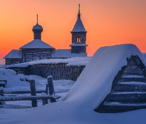 Cerkiew, Śnieg, Ogrodzenie, Zabudowania, Zima