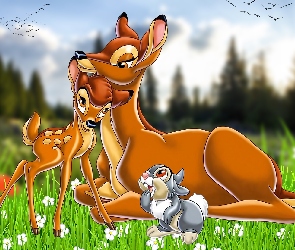 Jelonek, Trawa, Sarna, Królik, Ptaki, Bambi, Grafika, Kwiaty