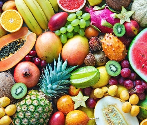Cytryny, Granat, Arbuzy, Melony, Pomarańcza, Owoce, Ananas, Kiwi, Banany, Winogrona, Śliwki