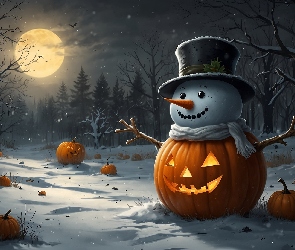 Las, Księżyc, Dynia, Grafika, Halloween, Kapelusz, Zima, Śnieg, Bałwan