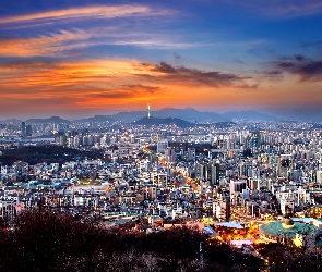 Seul, Zachód słońca, Domy, Miasto, Korea Południowa