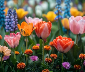 Kolorowe, Grafika, Łąka, Kwiaty, Tulipany