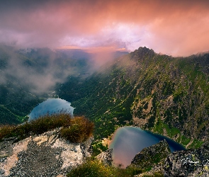 Tatry, Skały, Góry, Czarny Staw, Mgła, Jeziora, Polska, Roślinność