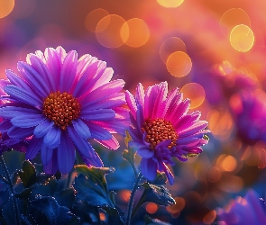 Grafika, Bokeh, Fioletowe, Kwiaty, Astry, Światło