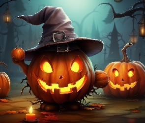 Grafika, Halloween, Dynie, Kapelusz