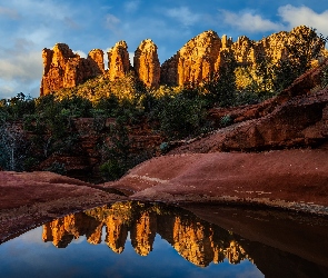 Stany Zjednoczone, Woda, Siedem Świętych Basenów, Odbicie, Seven Sacred Pools, Drzewa, Arizona, Sedona, Czerwone Skały