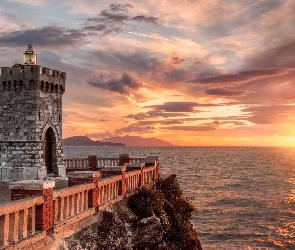 Prowincja, Zachód słońca, Włochy, Morze, Faro della Rocchetta, Livorno, Toskania, Latarnia morska