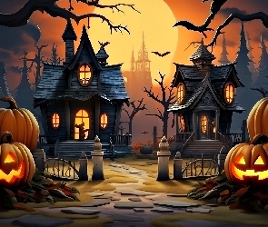Domy, Grafika, Halloween, Księżyc, Dynie