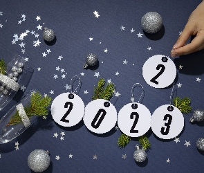 Dekoracja, Bombki, Gałązki, Sylwestra, 2023, Zawieszki, Kieliszki, Ręka, Nowy Rok, Gwiazdki