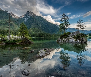 Jezioro Hintersee, Chmury, Góry, Drzewa, Bawaria, Skały, Niemcy, Gmina Berchtesgaden