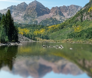 Góry, Kolorado, Maroon Lake, Stany Zjednoczone, Drzewa, Jezioro, Maroon Bells, Pasmo, Elk Mountains