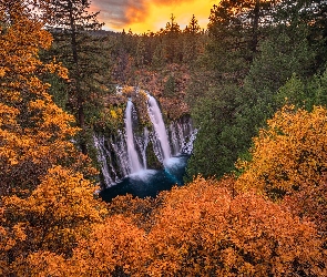 Kalifornia, Park Stanowy McArthur Burney Falls, Burney Falls, Stany Zjednoczone, Drzewa, Wodospad, Jesień