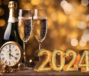 2024, Zegar, Nowy Rok, Grafika, Kieliszki, Szampan