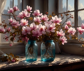 Magnolia, Okno, Stół, Słoiki, Kwiaty