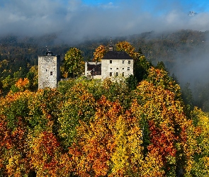 Mgła, Jesień, Zamek Thierberg, Austria, Drzewa, Góry, Las