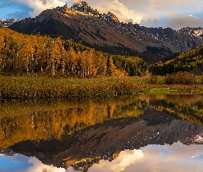 Góry, Stan Kolorado, Jezioro, Stany Zjednoczone, Blue Lake, Jesień, San Juan Mountains, Góra Mount Sneffels, Drzewa