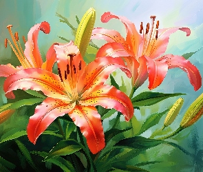 Grafika, Kwiaty, Lilie, Pomarańczowe