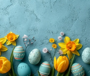 Wielkanoc, Pisanki, Tulipany, Żonkile