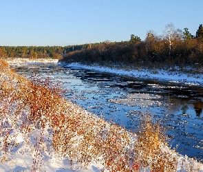 Rzeka, Śnieg, Drzewa, Rośliny, Zima