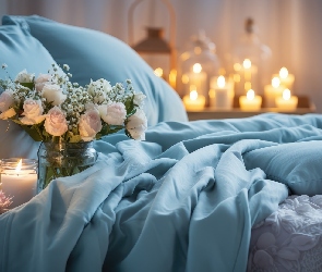 Grafika, Kwiaty, Łóżko, Sypialnia, Lampion, Świece