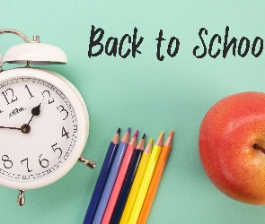 Back to School, Napis, Budzik, Zegar, Kredki, Jabłko