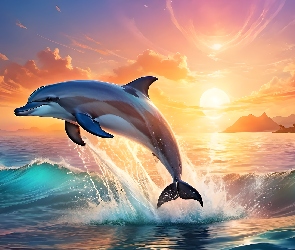 Morze, Zachód słońca, Niebo, Delfin, Chmury, Grafika