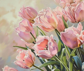 Tulipany, Malarstwo, Obraz, Listki, Różowe
