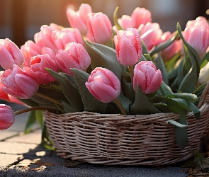 Różowe, Chodnik, Koszyk, Tulipany, Kwiaty