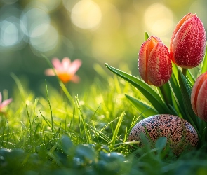 Tulipany, Czerwone, Dekoracja, Wielkanoc, Pisanka, Kwiaty