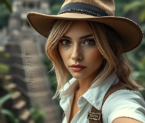 Blondynka, Bluzka, Biała, Kapelusz, Kobieta