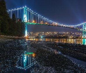 Kanada, Światła, Domy, Zatoka Burrard Inlet, Noc, Lions Gate Bridge, Vancouver, Oświetlony, Most