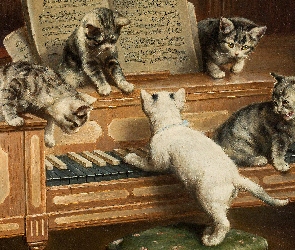Obraz, Pianino, Koty, Carl Reichert, Malarstwo