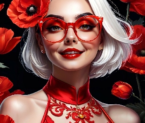 Dziewczyna, Maki, Okulary, Grafika, Czerwone, Czerwone, Blondynka, Czerwona, Sukienka