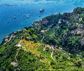 Amalfi, Góry, Włochy, Wybrzeże, Domy, Morze, Z lotu ptaka, Lasy