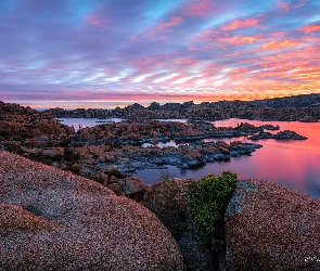 Kolorowe, Arizona, Skały, Stany Zjednoczone, Prescott, Watson Lake, Niebo, Wschód słońca, Jezioro