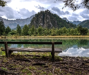 Drzewa, Ławka, Góry, Austria, Jezioro, Almsee