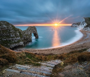 Hrabstwo Dorset, Plaża, Anglia, Wybrzeże Jurajskie, Skały, Morze, Durdle Door, Schody
