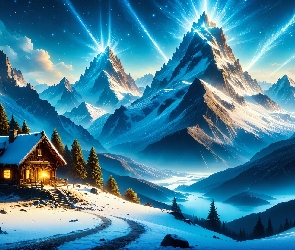 Góry, Grafika, Drzewa, Dom, Zima