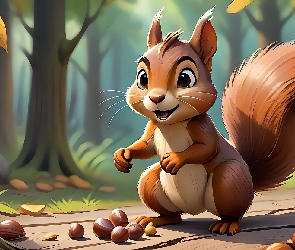 Wiewiórka, Orzechy, Las, Droga, Grafika