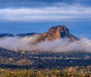 Mgła, Thumb Butte, Arizona, Drzewa, Góra, Stany Zjednoczone, Prescott