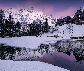 Góry, Morskie Oko, Polska, Jezioro, Drzewa, Tatry, Domy, Zima