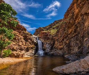 Tanque Verde Falls, Wodospad, Arizona, Drzewa, Skały, Stany Zjednoczone, Tucson
