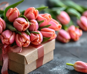 Tulipany, Kokarda, Wstążka, Prezent, Bukiet