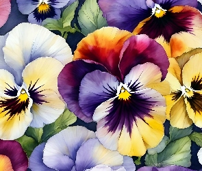 Kolorowe, Grafika, Akwarela, Kwiaty, Bratki