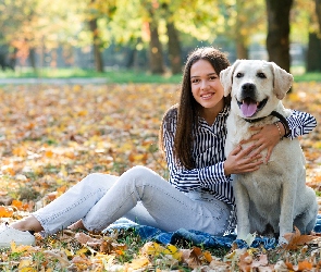 Liście, Labrador retriever, Kobieta, Długowłosa, Biały, Pies