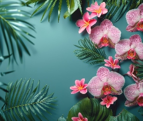 Grafika, Liście, Różowe, Kwiaty, Orchidee, Storczyki