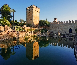 Wieża, Odbicie, Budowla, Staw, Cordoba, Mur, Hiszpania, Alcazar