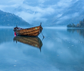 Jezioro, Mgła, Drzewa, Skały, Łódka
